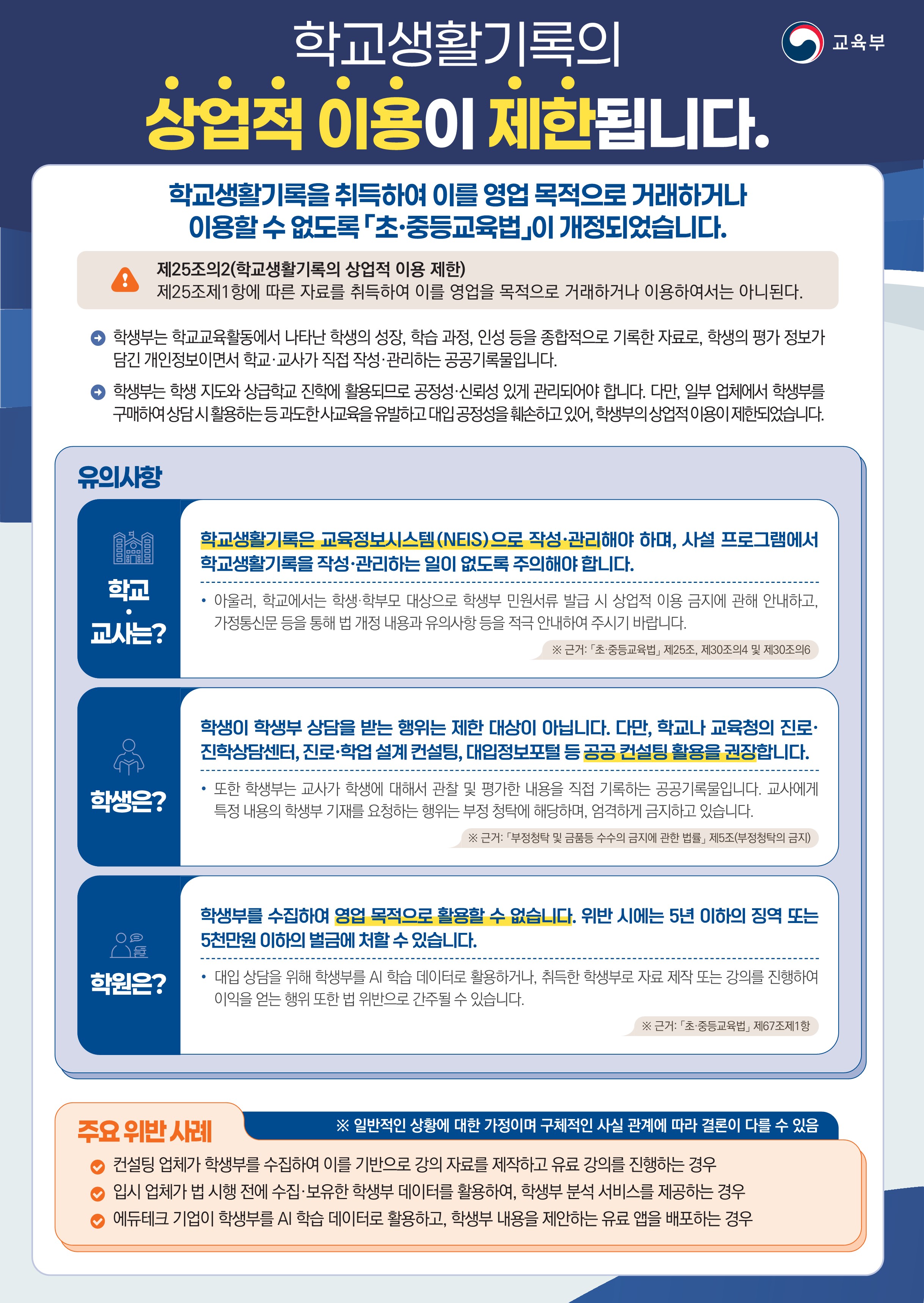 학교생활기록의 상업적 이용 제한 안내
